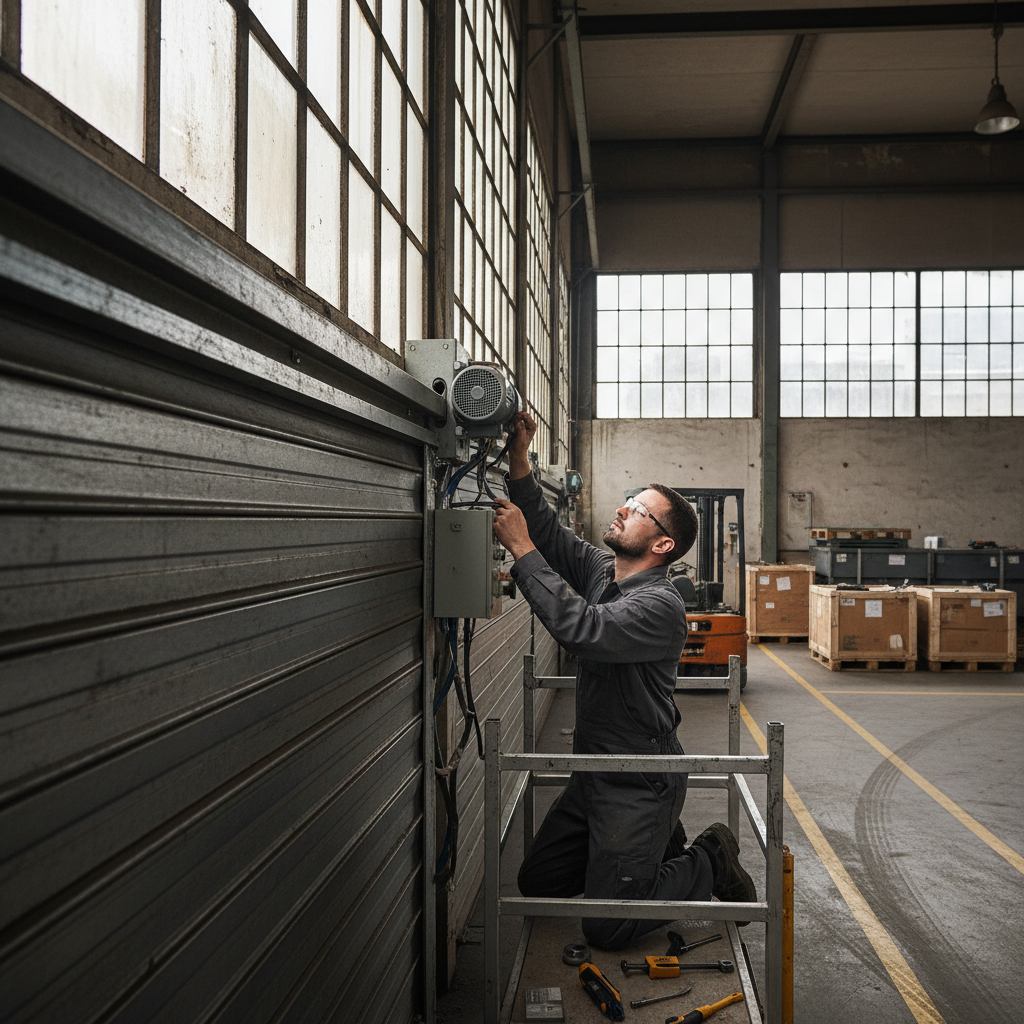 Technician calibrating a rolling shutter motor on a warehouse overhead door in Mumbai