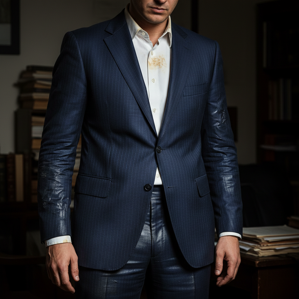 Navy chalk-stripe suit with deep creases at elbows, shiny seat, and collar staining