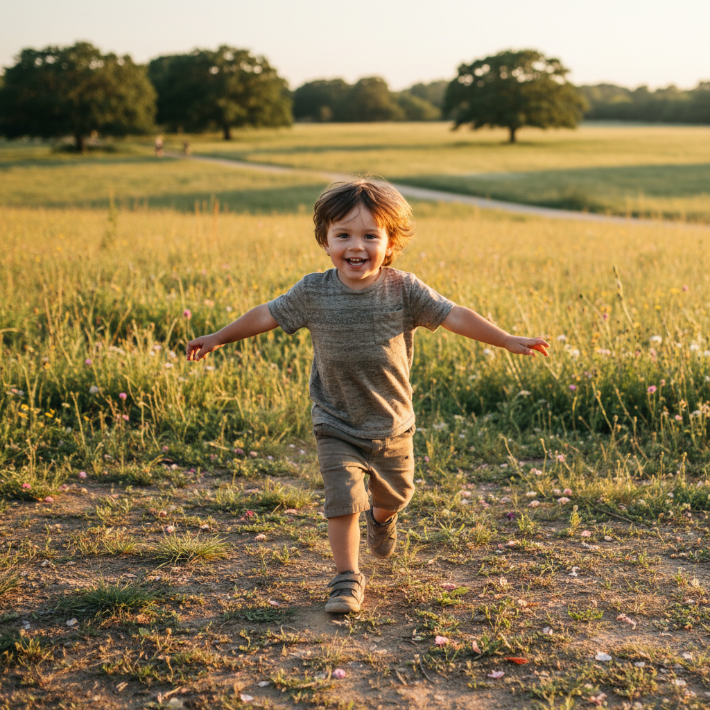 Young child playing outdoors, healthy and active in warm sunlight