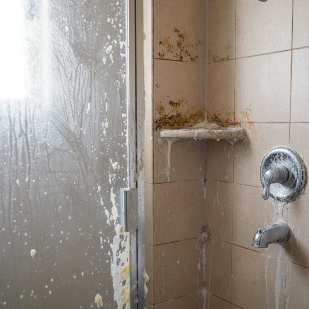 Seattle rental unit bathroom showing grout discoloration, soap scum buildup, and water stains after 3-year tenancy