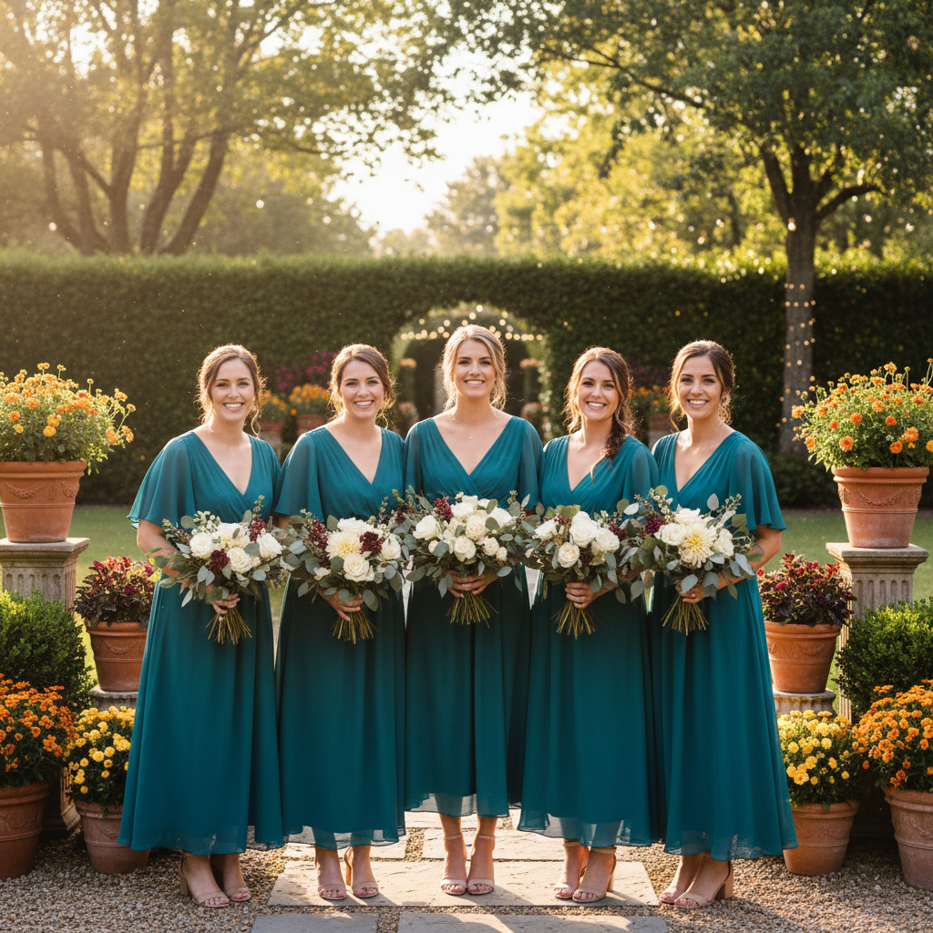 Five bridesmaids in tourmaline midi dresses at golden hour outdoor ceremony with terracotta pots
