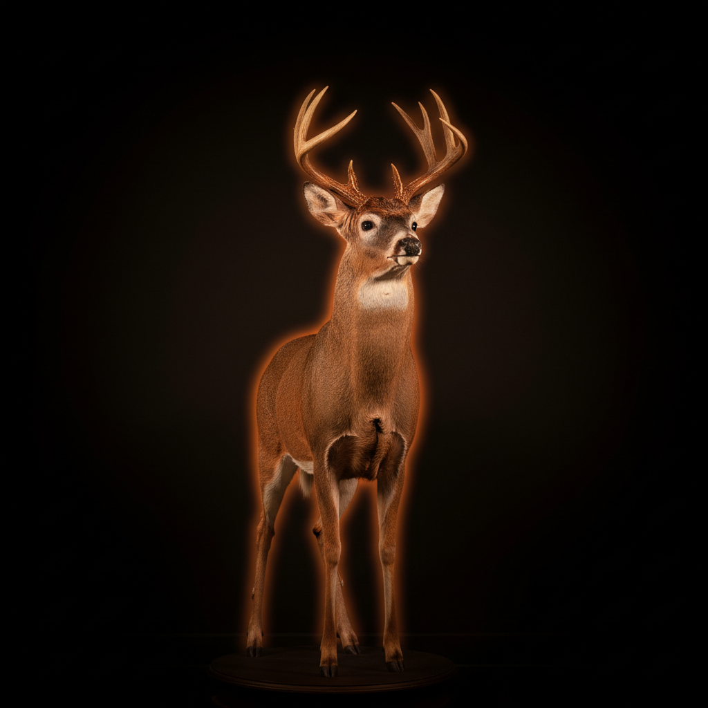 Full-body whitetail deer mount photographed in a black-walled studio, lit by a single dramatic amber rim light tracing the animal's silhouette