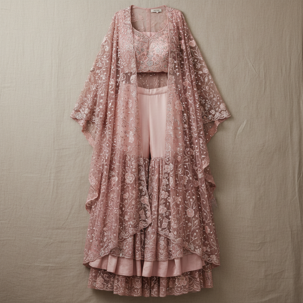 Brocade sharara set in rose gold — premium bridal occasion wear with rich fabric and artisanal detail