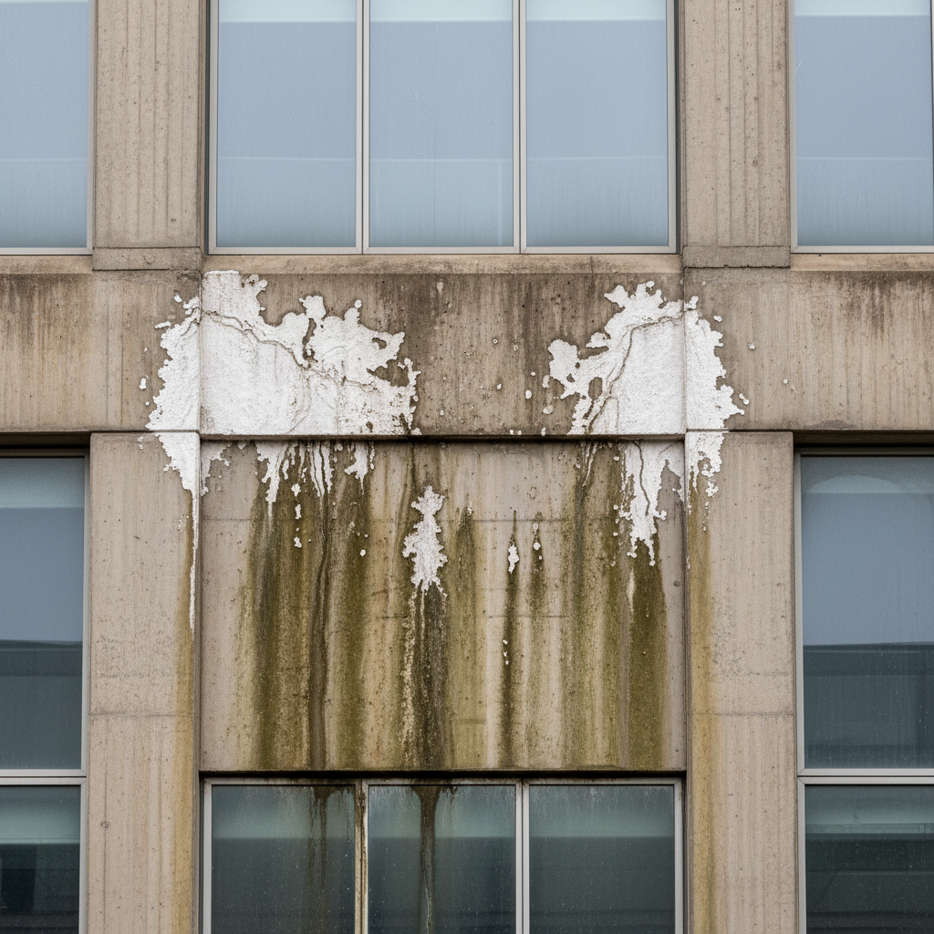 Water staining and efflorescence on a concrete and glass curtain wall showing moisture infiltration patterns