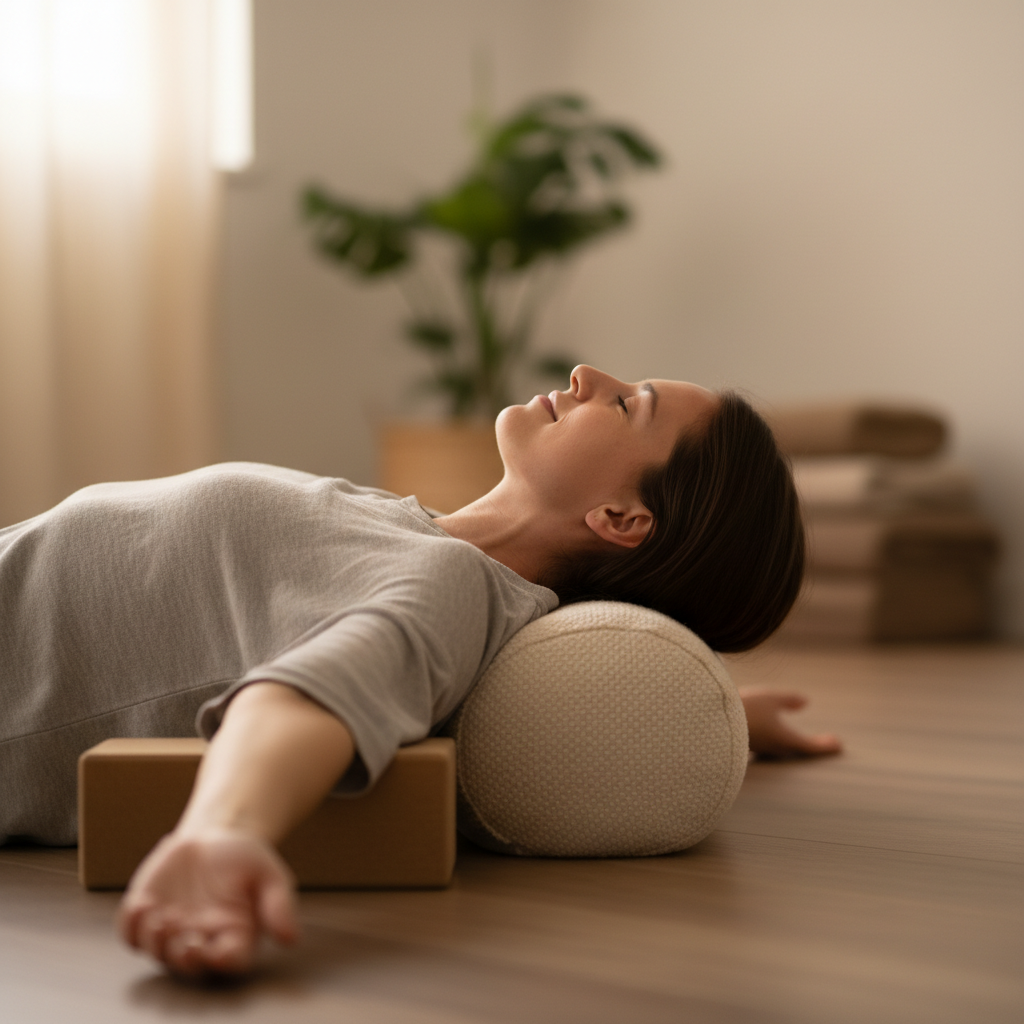 Person in meditative wellness pose, soft warm light, serene indoor environment