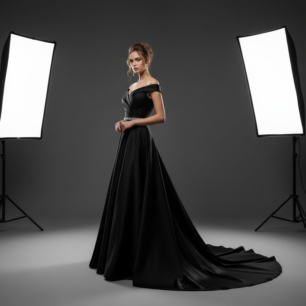Woman in elegant off-shoulder evening gown, dramatic studio lighting