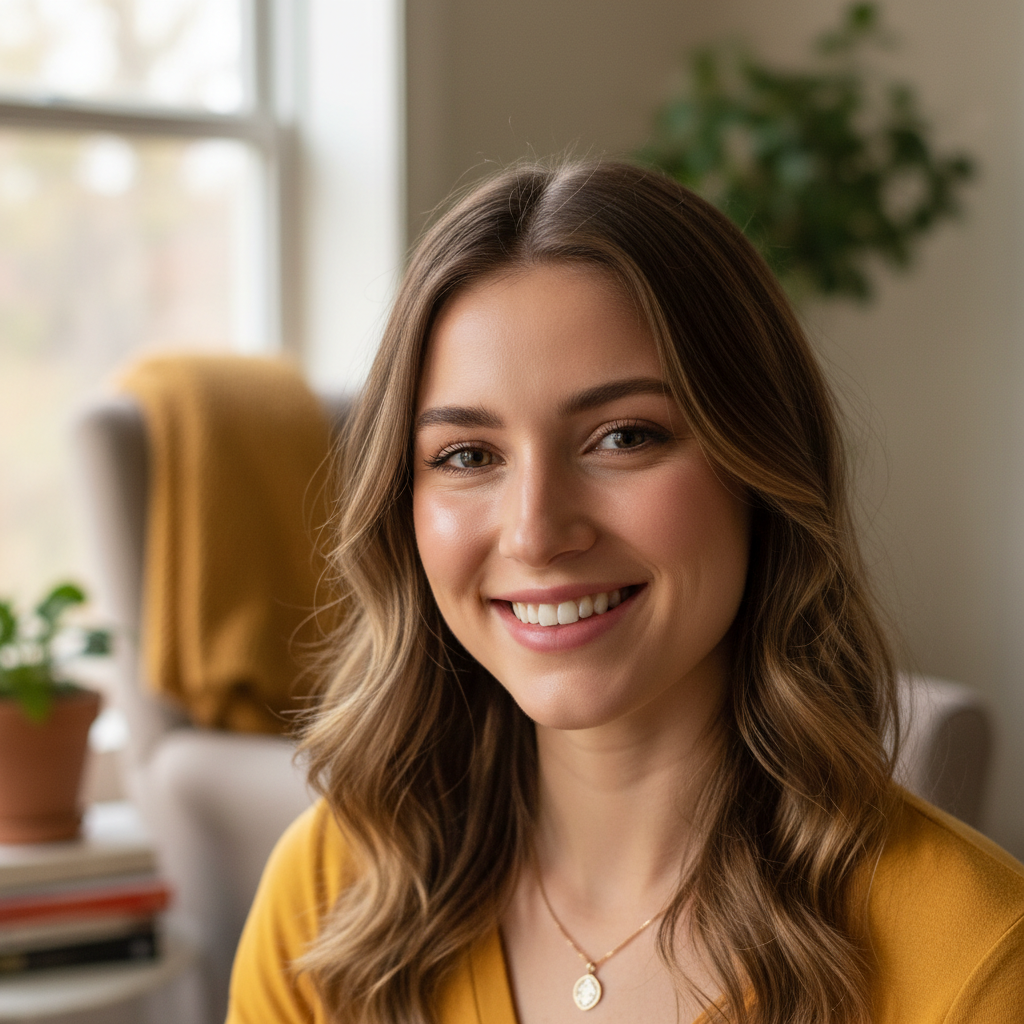 Portrait of a smiling person, soft natural light, genuine happy expression