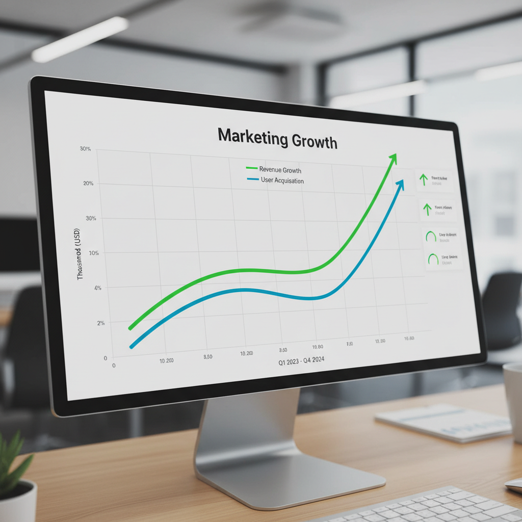 Marketing analytics dashboard with upward trending graphs on dark screen, blue data visualization