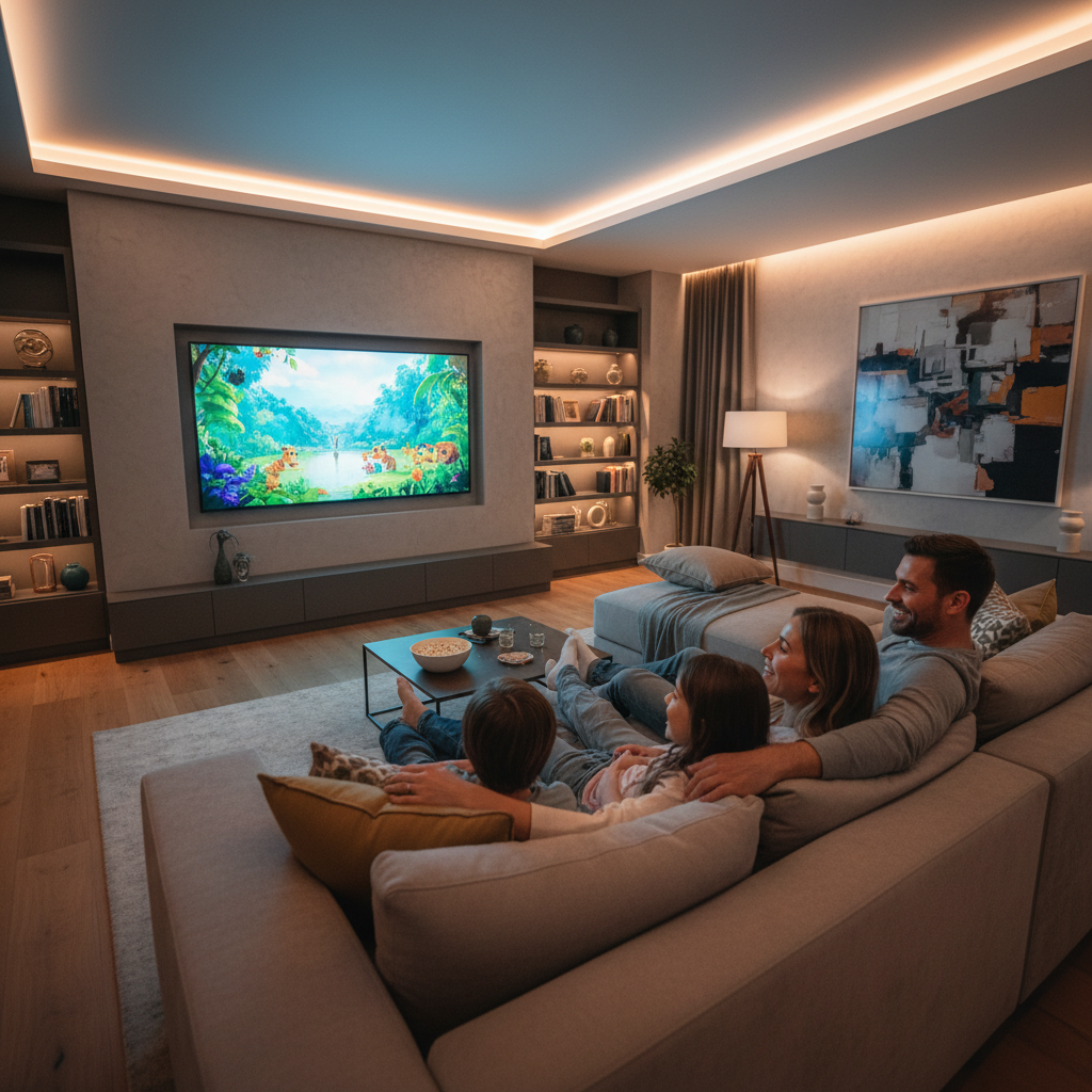 Familie geniet van entertainment op grote TV-scherm met IPTV Kastje