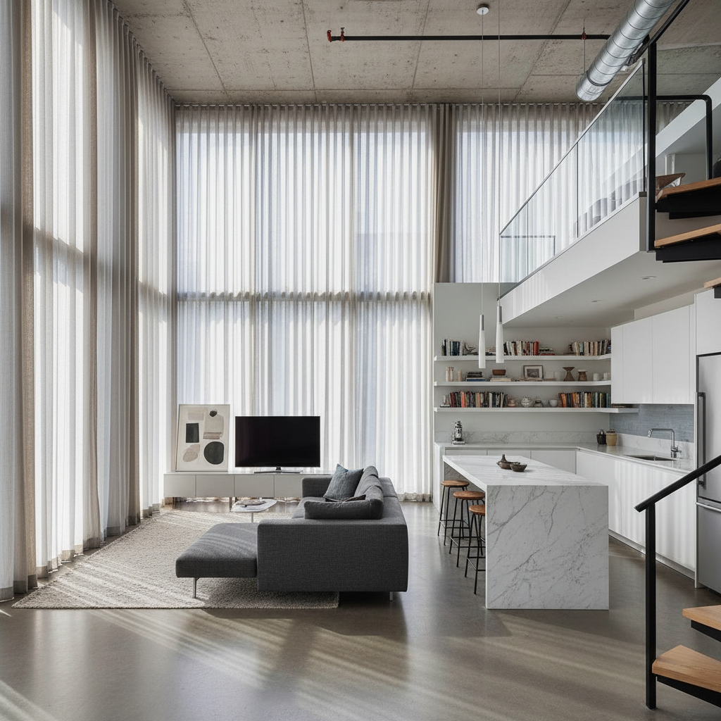 Contemporary loft with floor-to-ceiling window treatments
