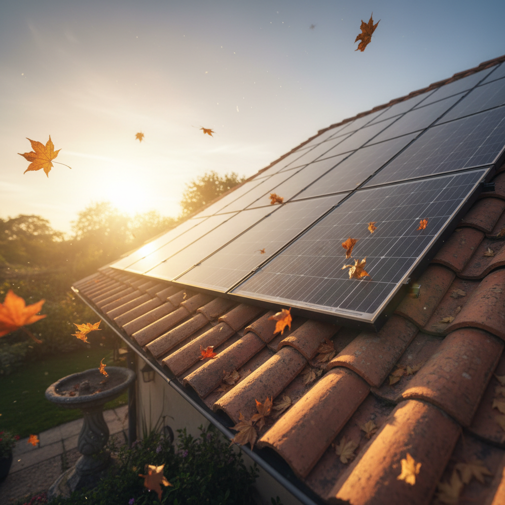 Solar panels on a clay-tile roof photographed from a low garden angle during golden hour, maple leaves drifting across the frame