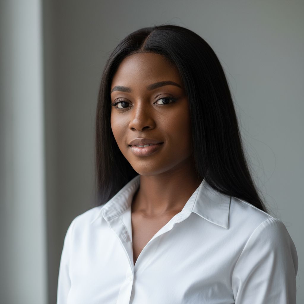 Headshot of young Nigerian woman with braided hair, clean white background portrait