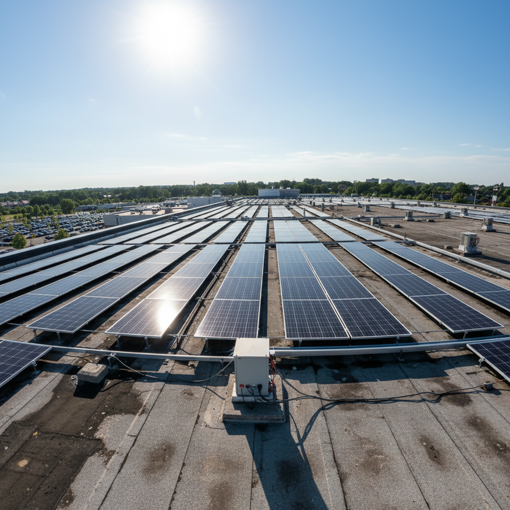Commercial building with large solar panel installation on rooftop, urban environment, bright daytime