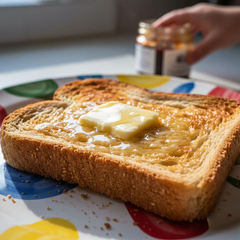Golden toast with butter melting on top, made by a young child on a colorful plate