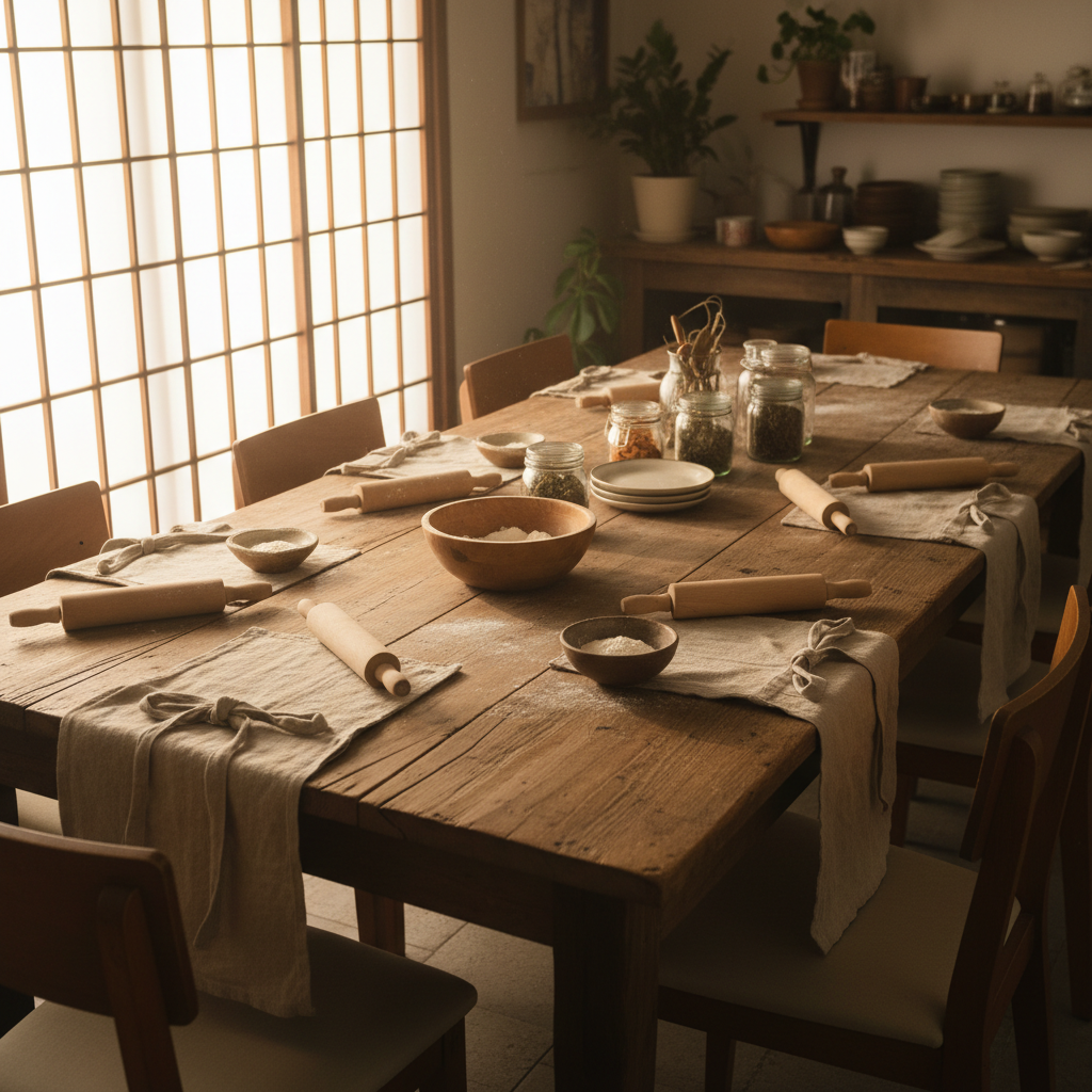 Workshop table set for eight guests with folded aprons at each seat, wooden rolling pins, small bowls of flour, and warm morning light through a paper screen