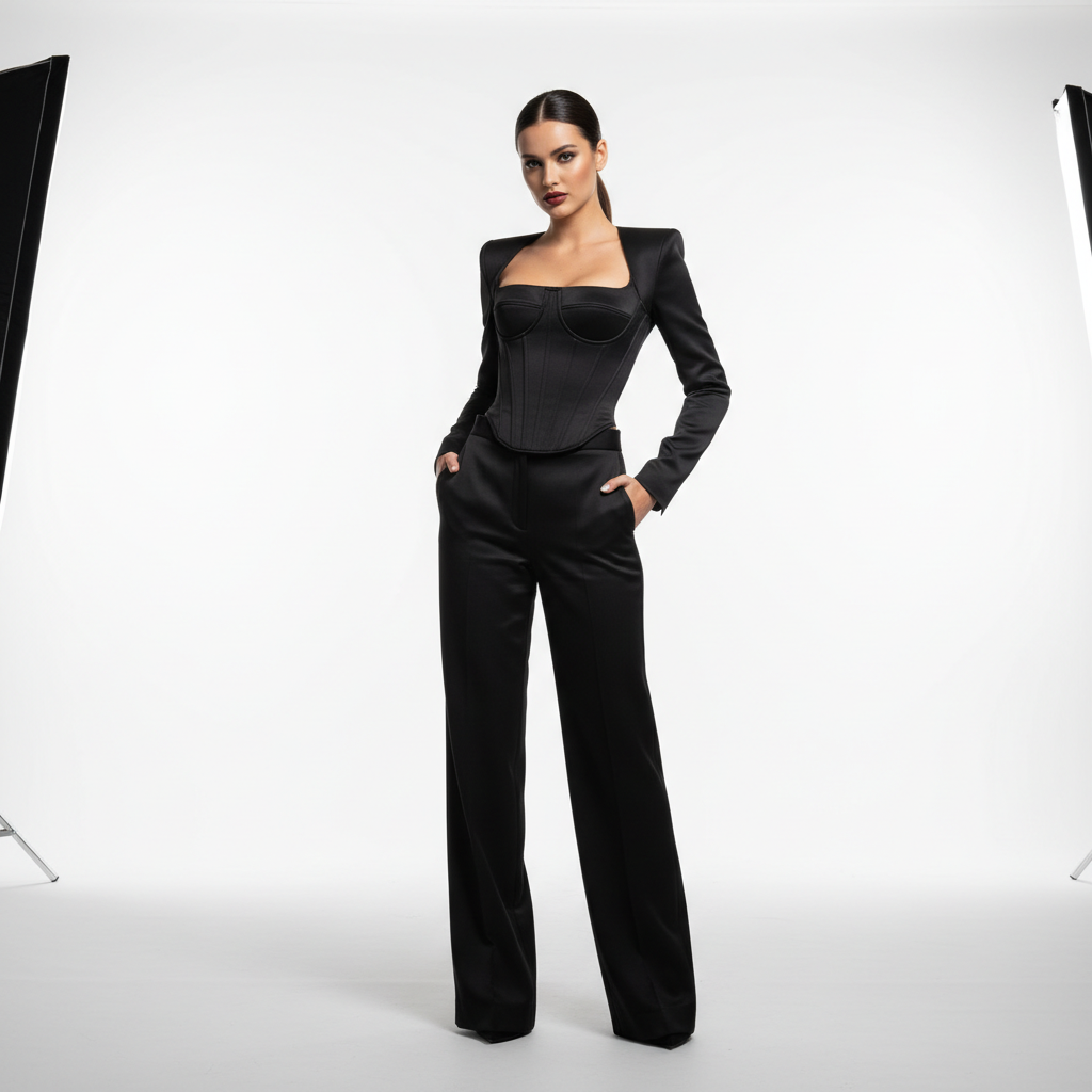 Noir tempest halter bubble dress on model in dramatic dark editorial studio