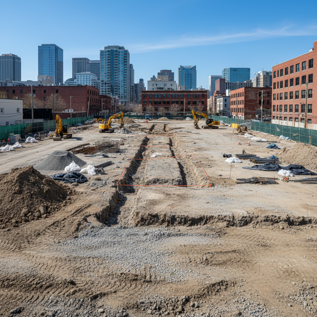 Empty lot next to existing home before construction of new addition, bare ground and foundation