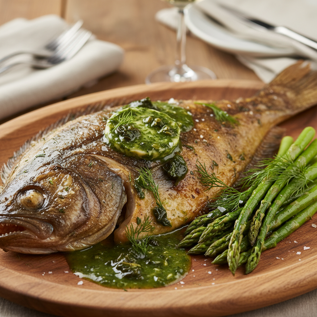 Roasted turbot fish fillet with brown butter sauce and asparagus on dark ceramic, atmospheric restaurant lighting