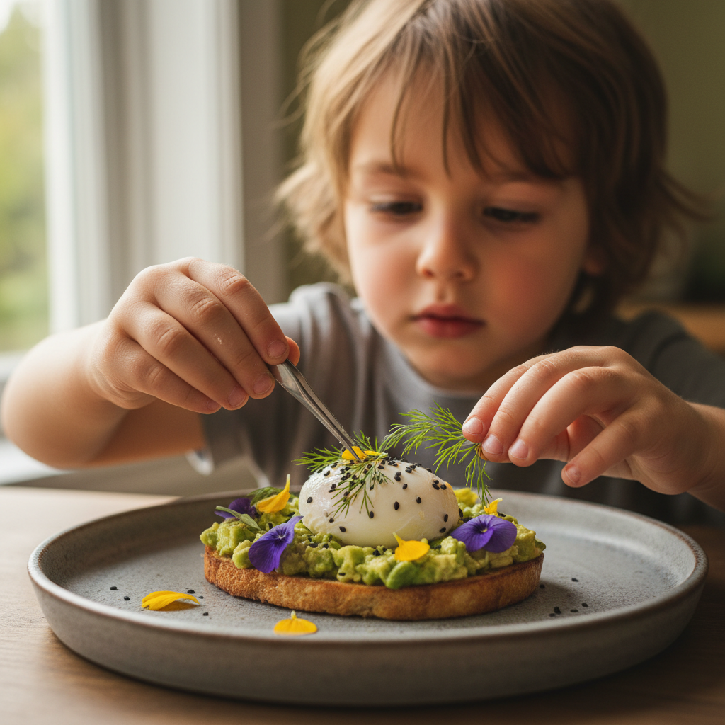 Child carefully placing garnish on a plated dish with focused expression