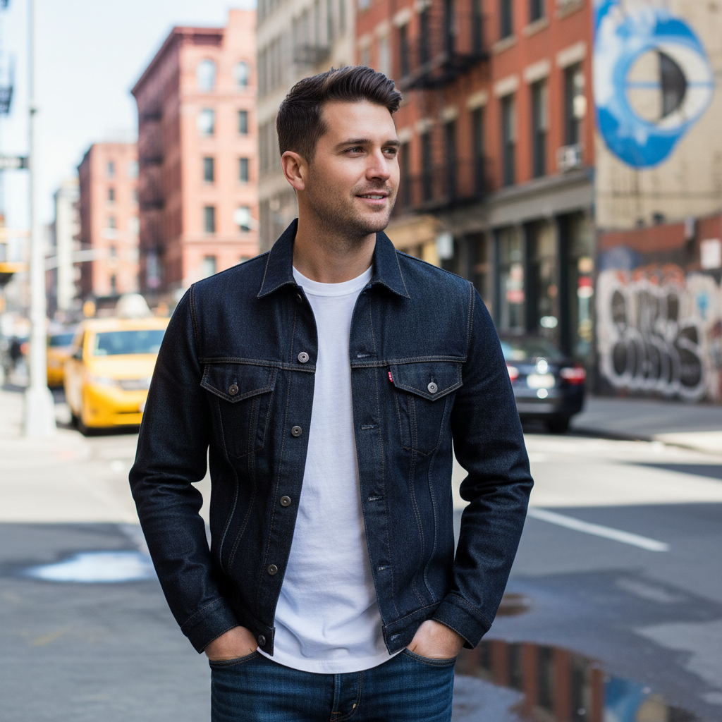 Washed canvas jacket in tan color, worn open over white tee, urban outdoor setting