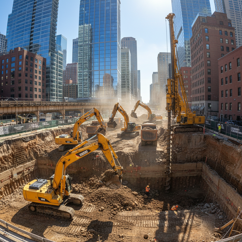 Deep excavation for building foundation, large earthmoving equipment at work, dramatic pit with bright daylight, clean construction site