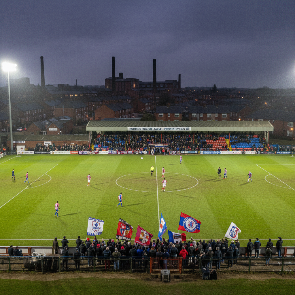 Football match at night with stadium lights illuminating the pitch and players in action