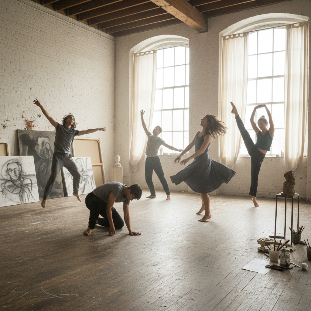 Dance workshop in studio, movement and expression, artistic environment