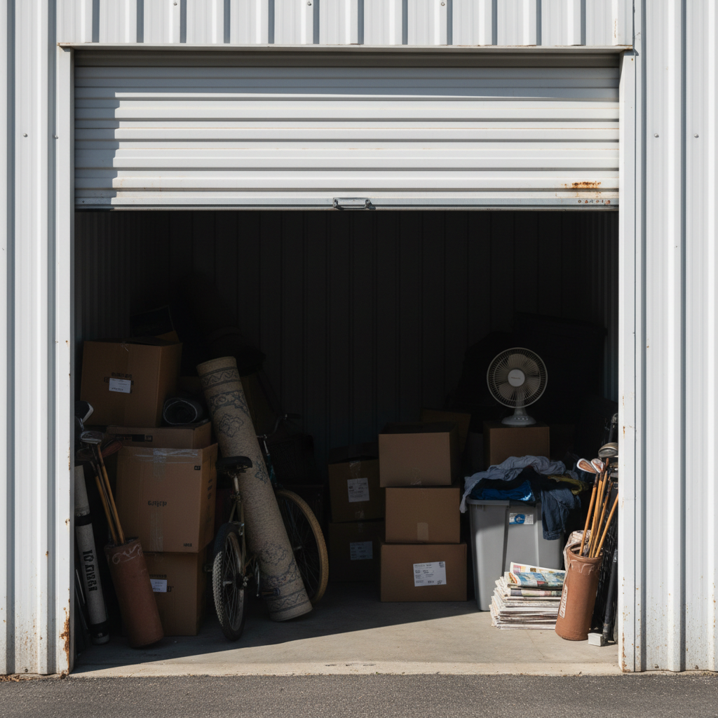 Half-open storage unit door with contents visible inside