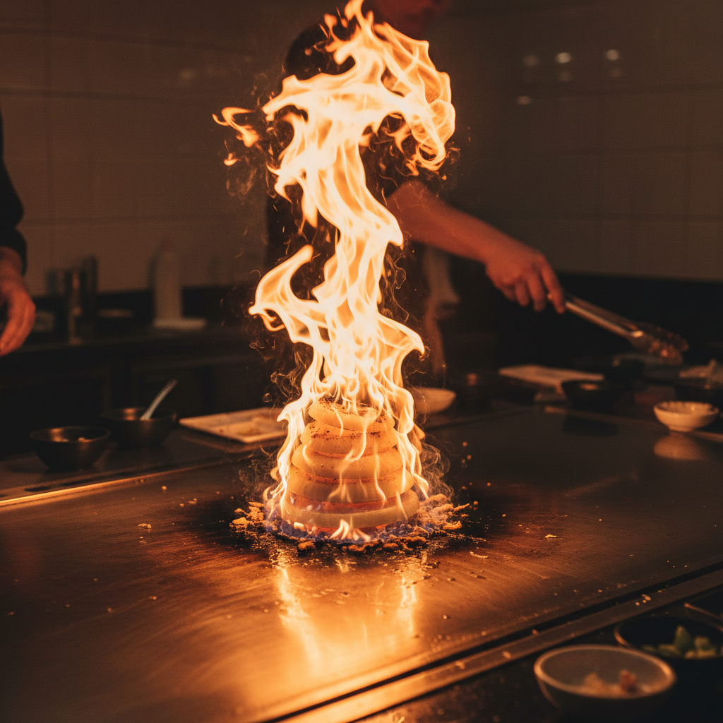 Column of flame erupting from teppanyaki griddle with orange and yellow fire
