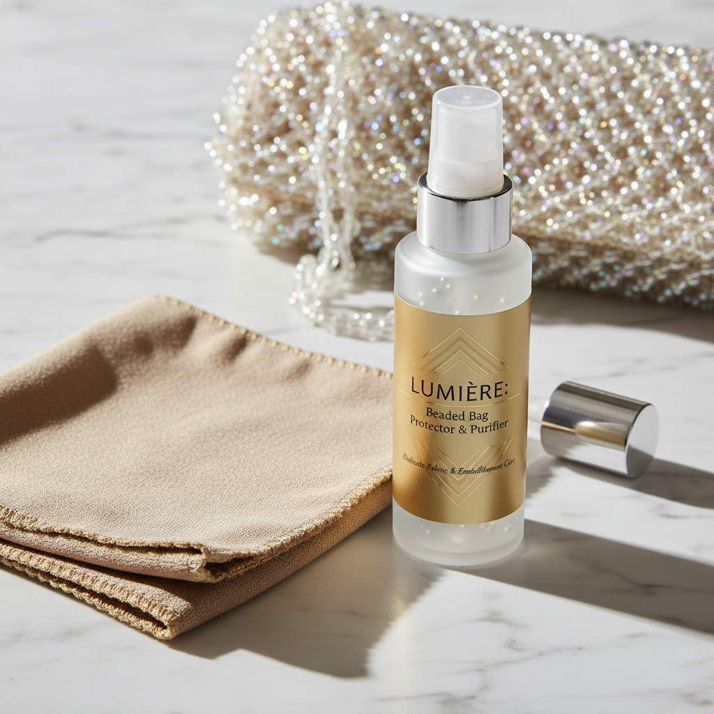 Luxury care kit with cleaning solutions and soft brushes arranged on white marble countertop