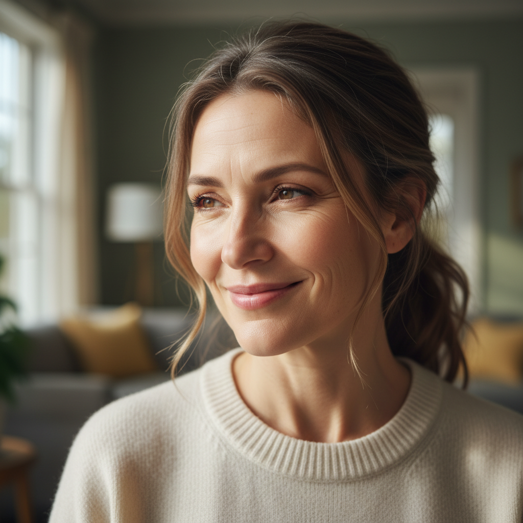 Portrait of a woman with warm expression, natural daylight, soft background