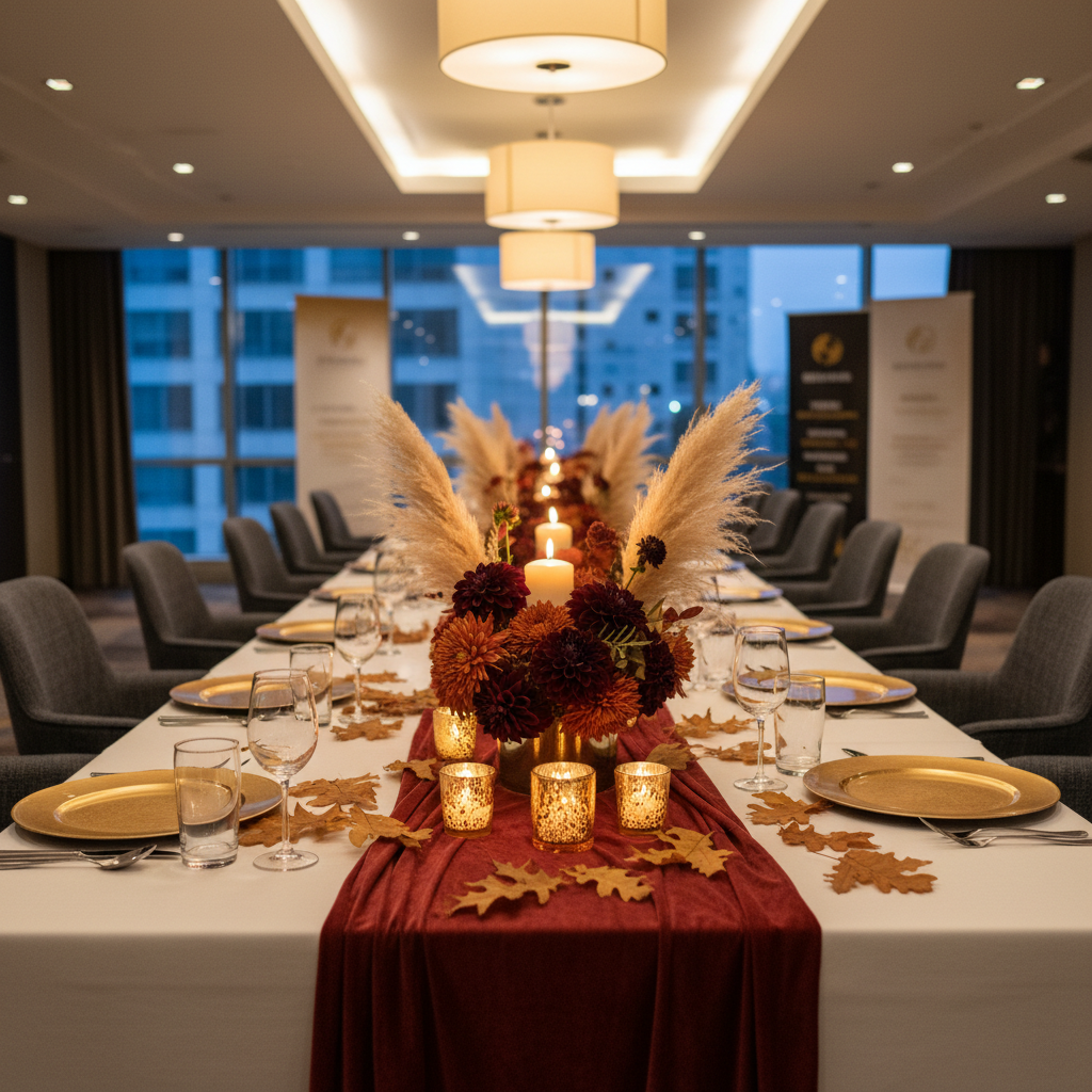 Long autumn corporate banquet table dressed with amber votives, burgundy dahlias, and dried pampas grass — shot from one end looking down its length, chairs pulled out slightly as if guests stepped away mid-toast