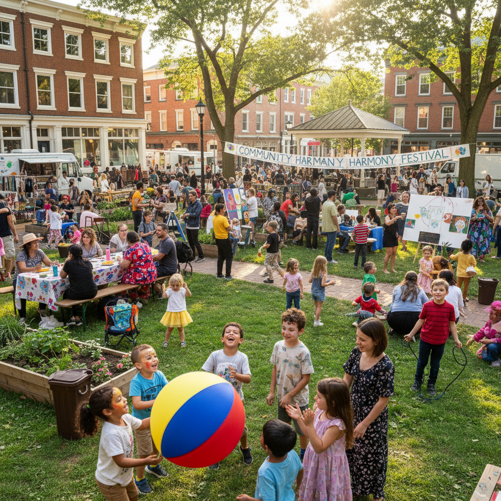 Children and young people laughing together in a bright outdoor setting, joyful energy and genuine community