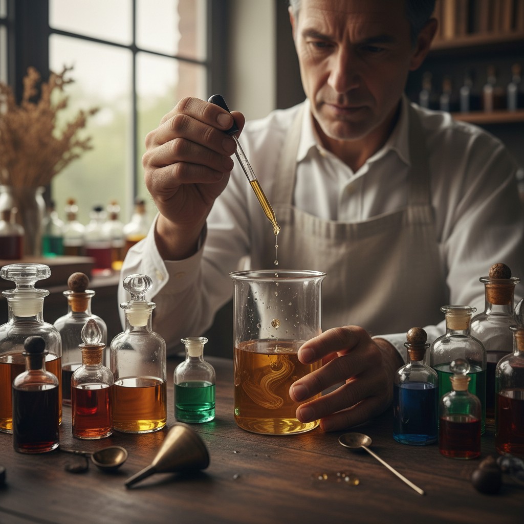 Artisan perfumer blending essential oils in traditional glass bottles in workshop