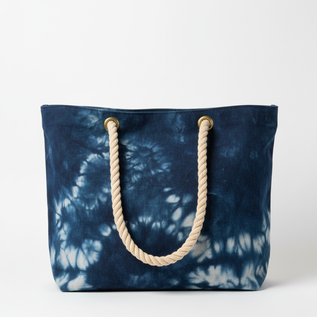 Hand-dipped indigo canvas tote bag with natural rope handles and visible dye variation