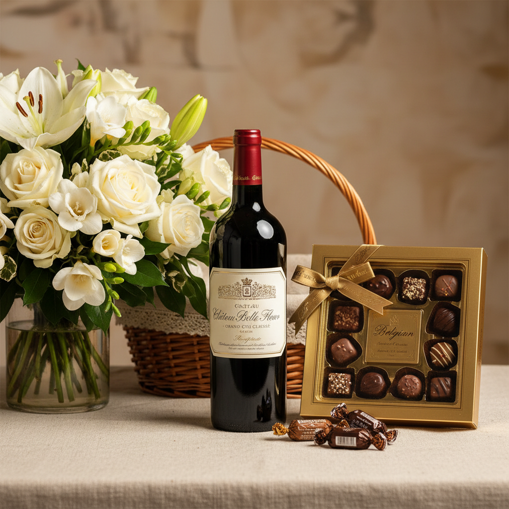 Luxury gift basket with premium flowers, chocolates, candle and wine