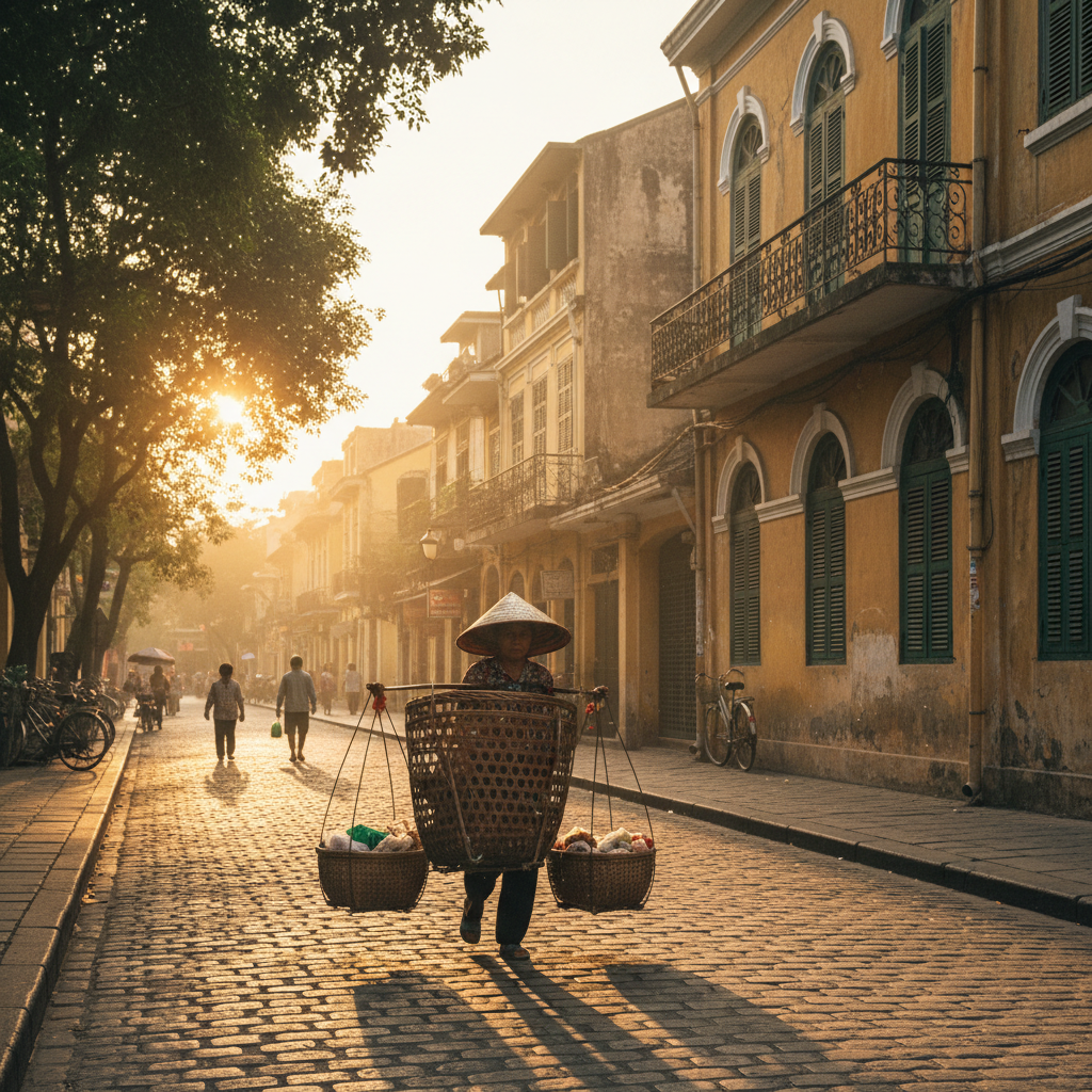 Early morning street in Hanoi French Quarter, golden light filtering through French colonial architecture, a vendor carrying bamboo baskets