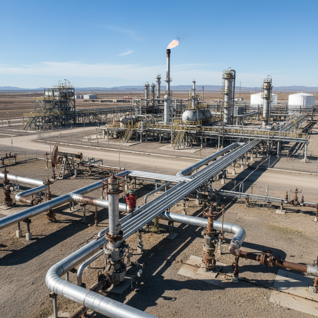 Oil and gas wellhead equipment at production facility, industrial petroleum infrastructure