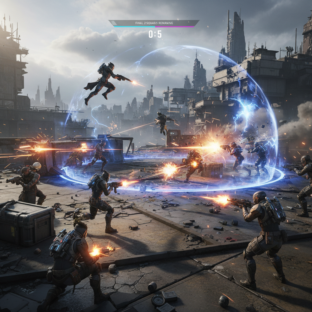 Sci-fi battle royale game with futuristic soldiers and explosions