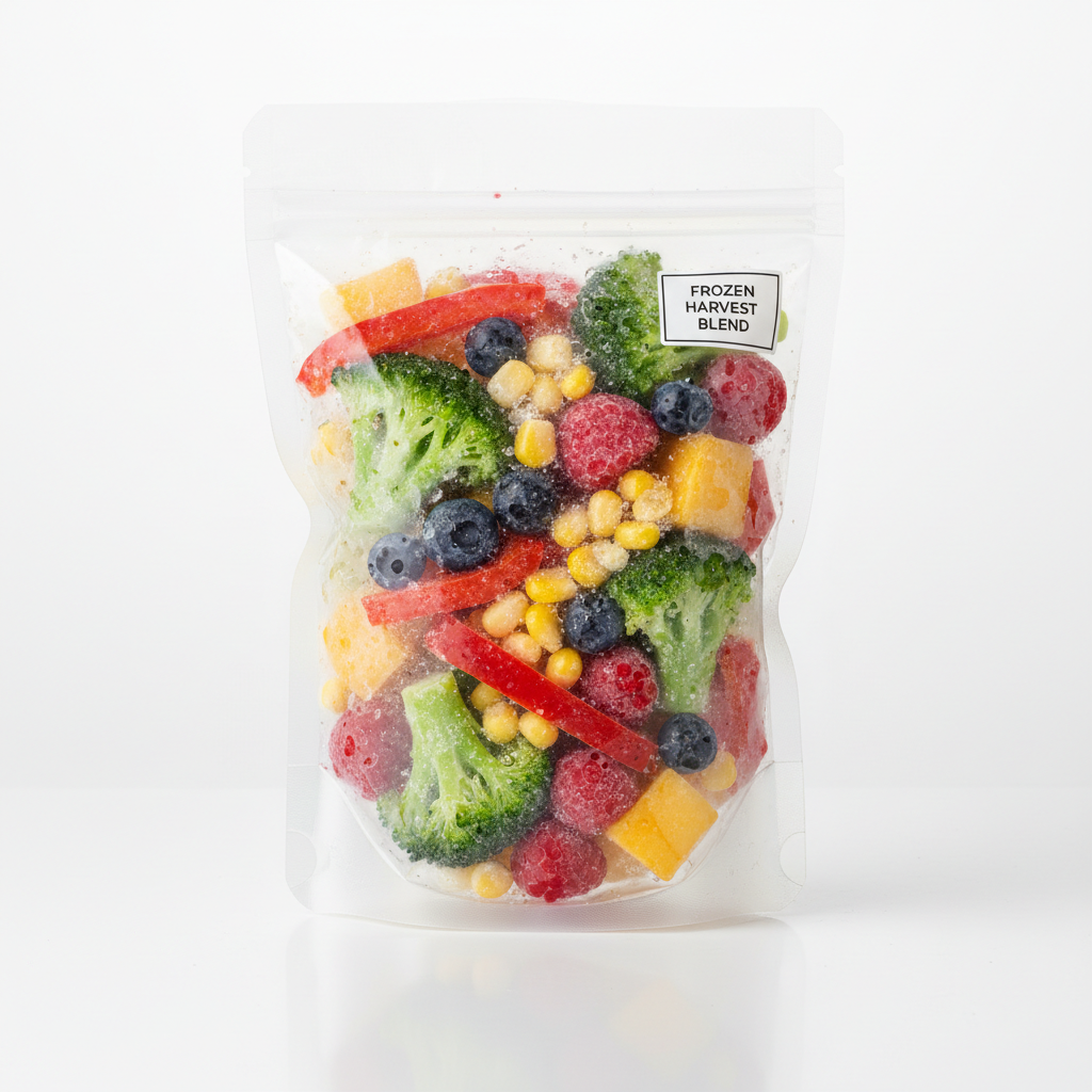 Colorful frozen food products including vegetables and prepared meals in packaging