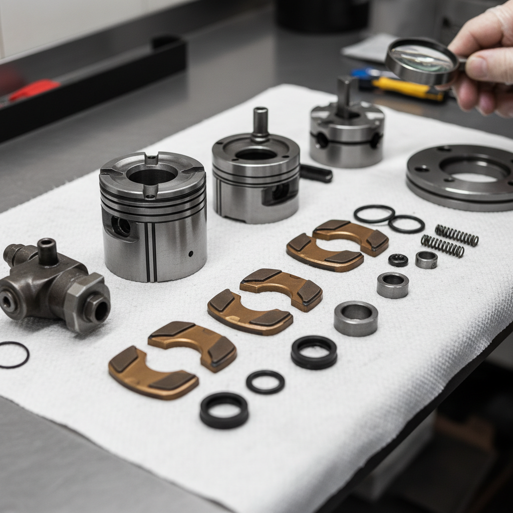Hydraulic pump components spread on a white shop rag showing precision disassembly and inspection