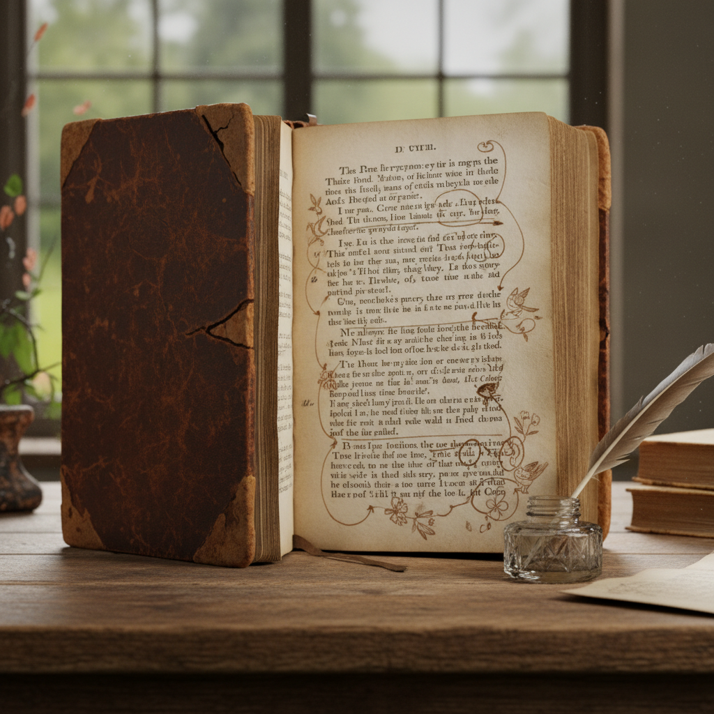 Aged leather-bound poetry collection open to handwritten marginal annotations in brown ink