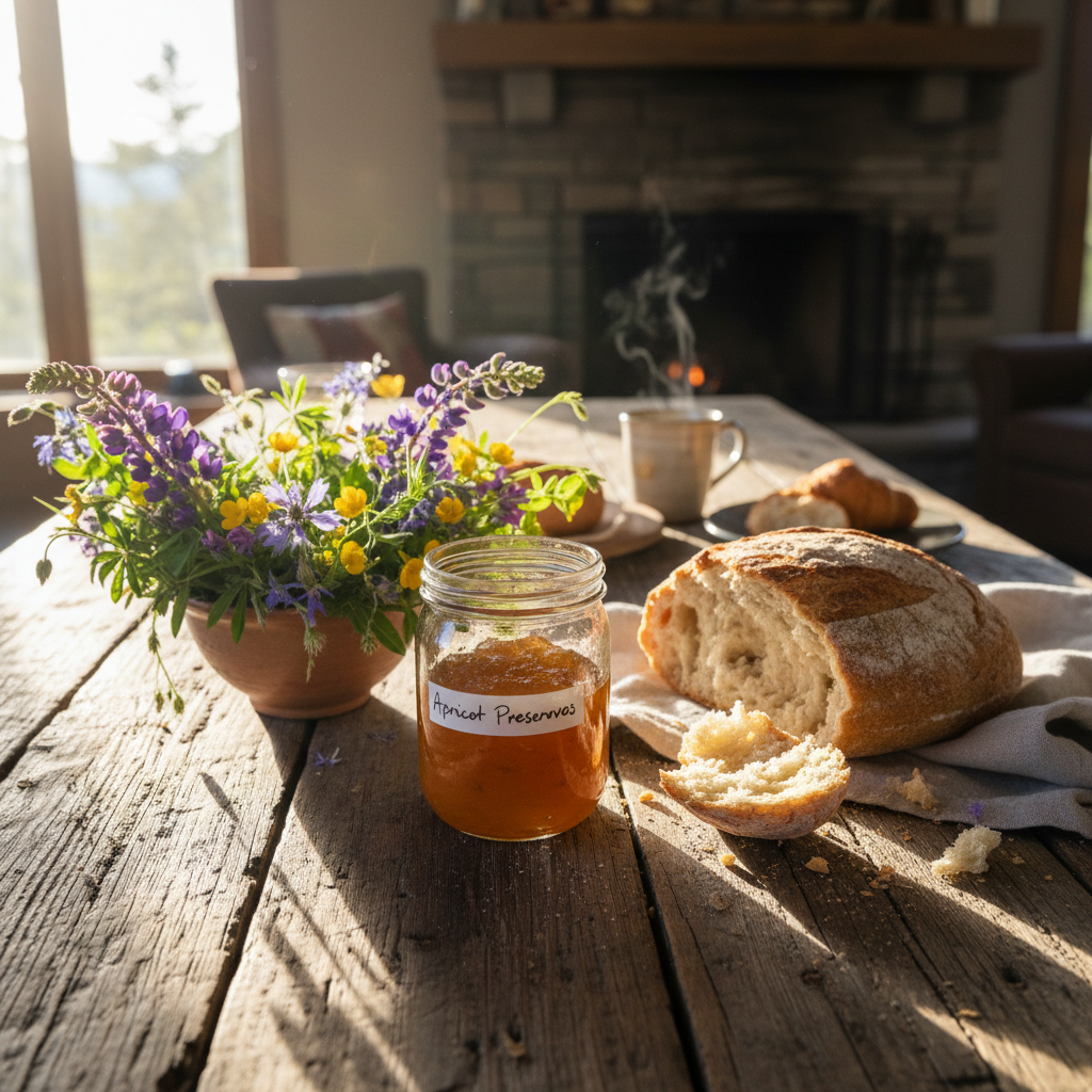 Artfully plated backcountry breakfast on wooden camp table, fresh berries and sourdough, morning light