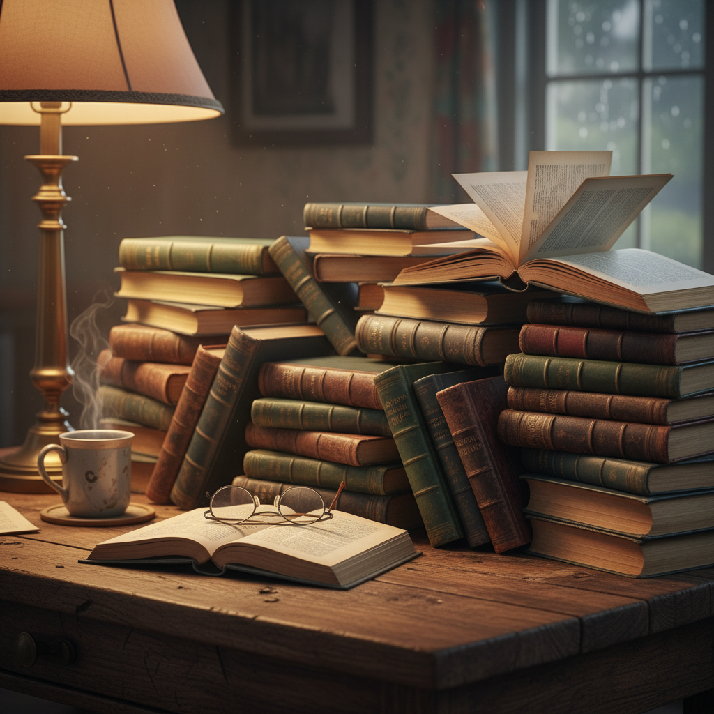 Stack of weathered books with cracked spines under warm library lamp light