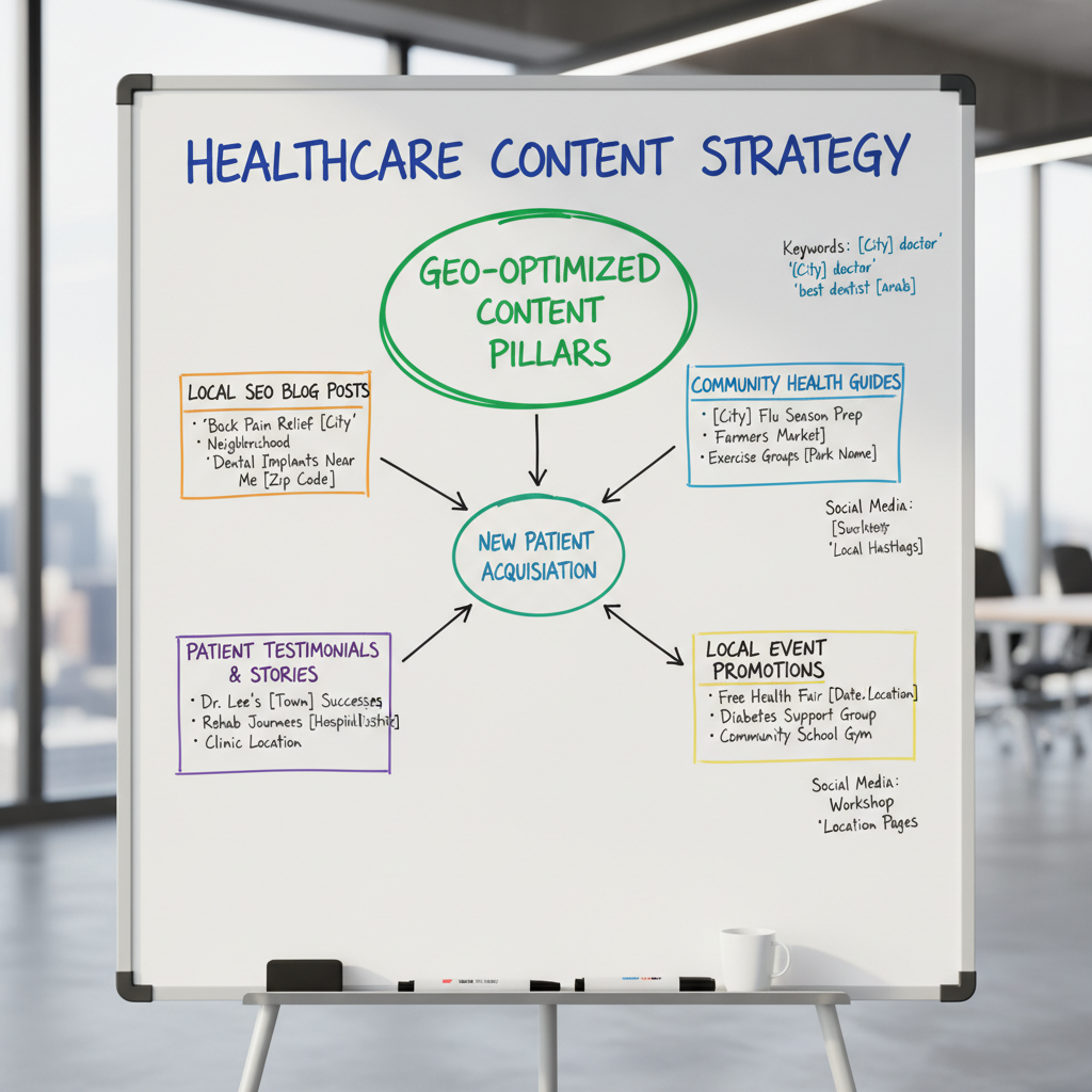 Content strategy whiteboard showing GEO-optimized content pillars for a healthcare practice