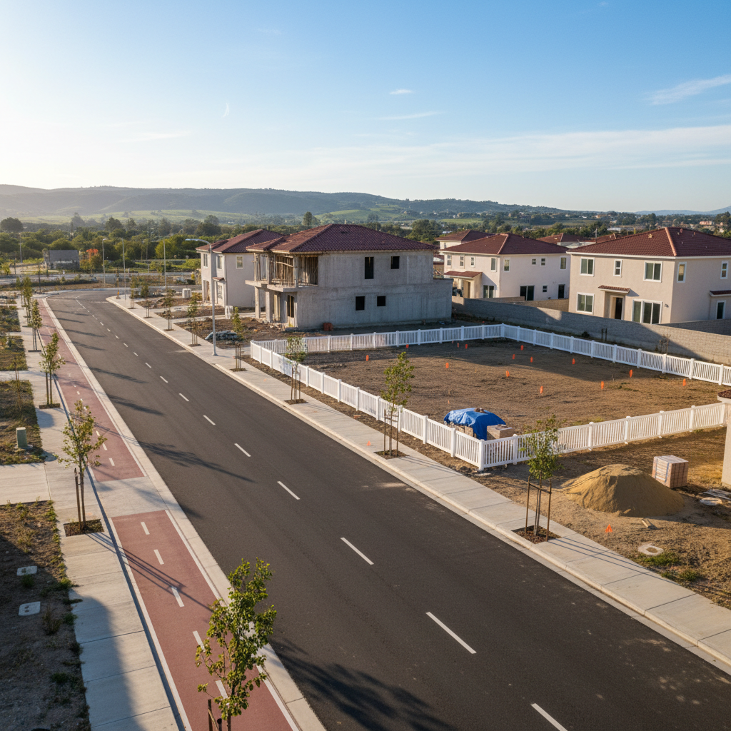 Plotted residential land development with wide roads, open spaces, planned urban land with clear demarcations
