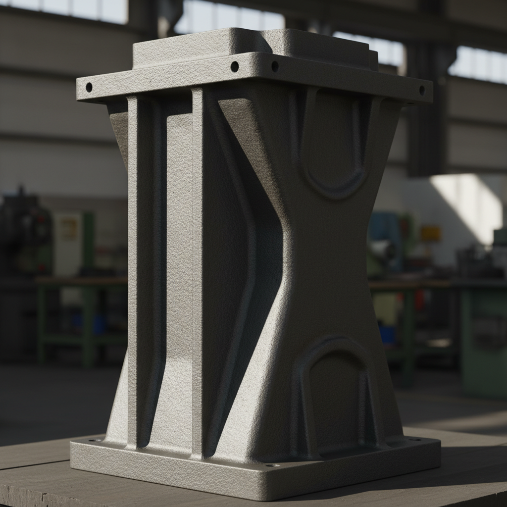Mill MV-5X Meehanite cast iron bed casting with ribbed column structure, architectural side-angle shot