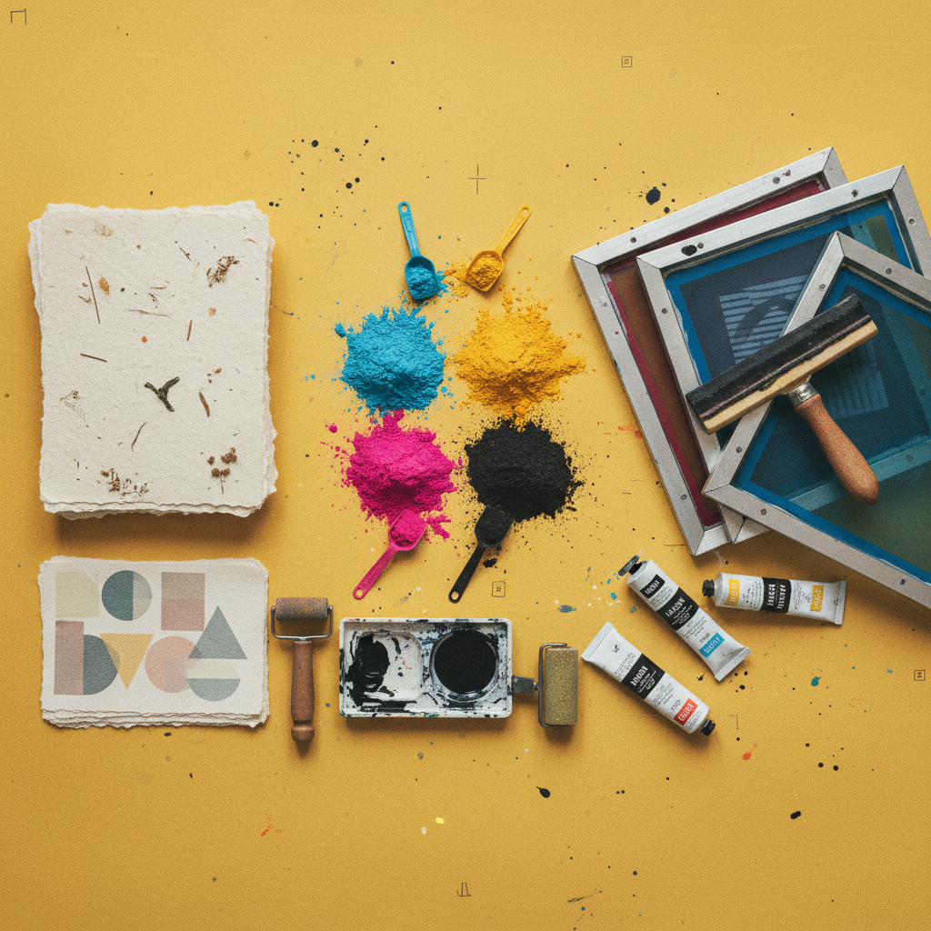 Flat-lay of risograph-inspired art supplies including CMYK pigments, screen printing tools, and handmade paper on a yellow surface