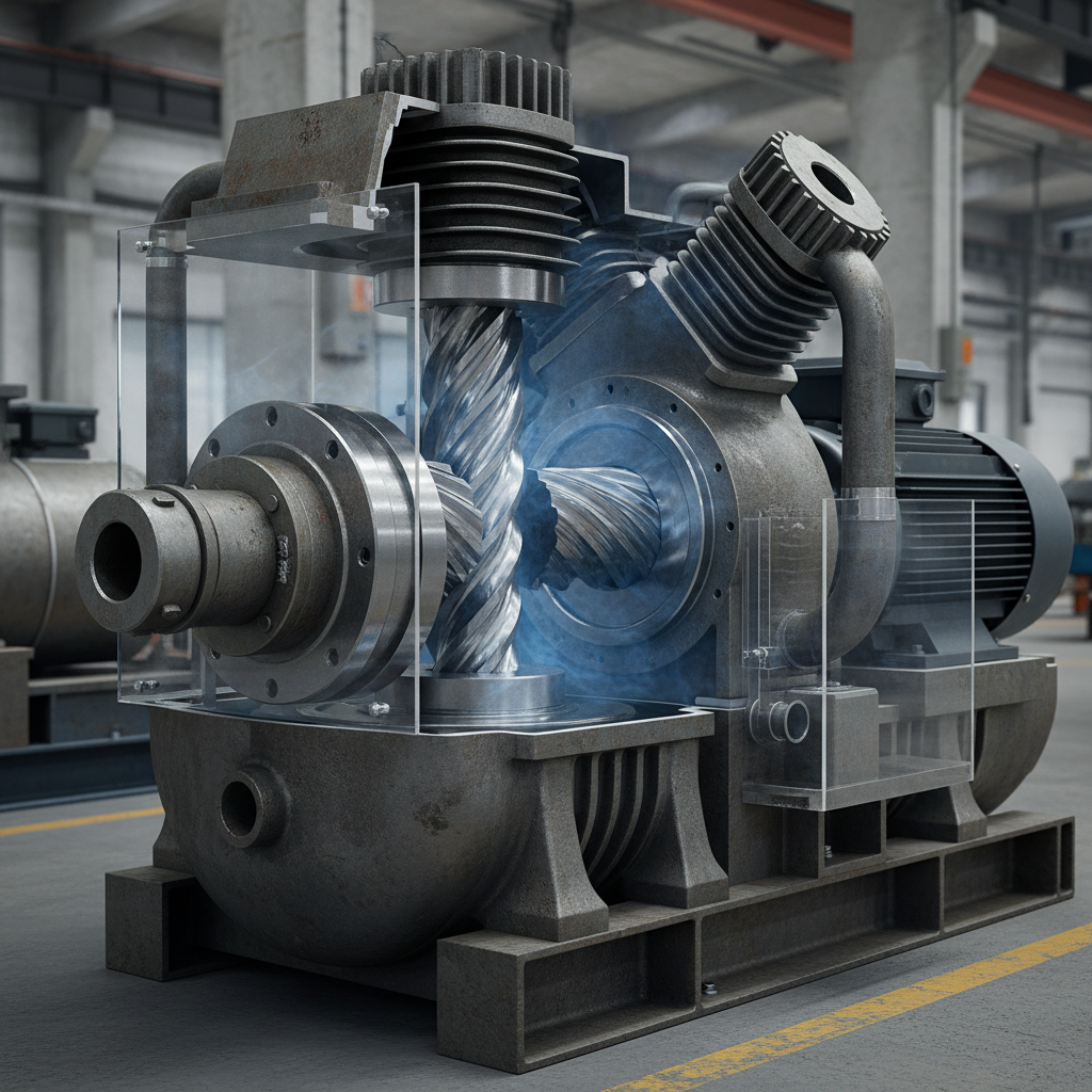 Industrial compressor unit cutaway view showing internal rotary screw mechanism and pressure housing