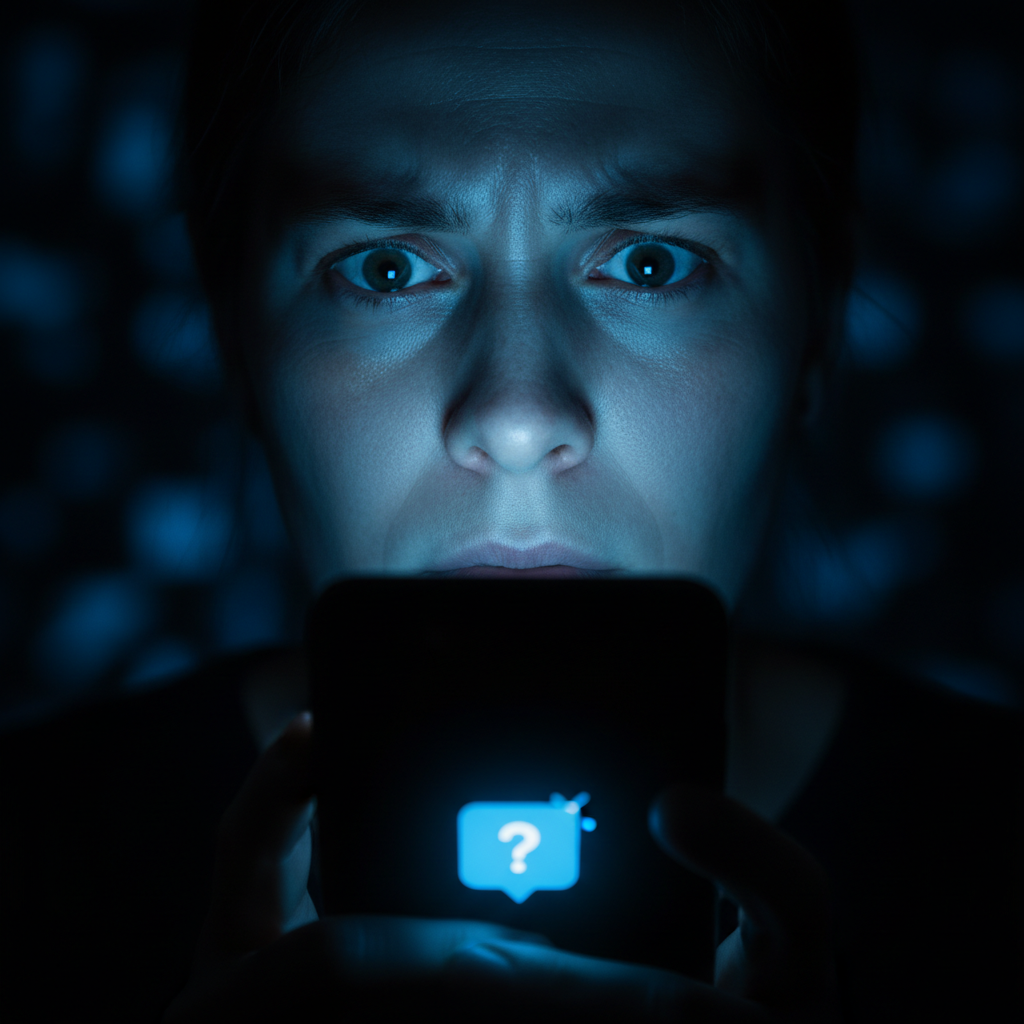 Person in dark room illuminated by phone screen with intense expression